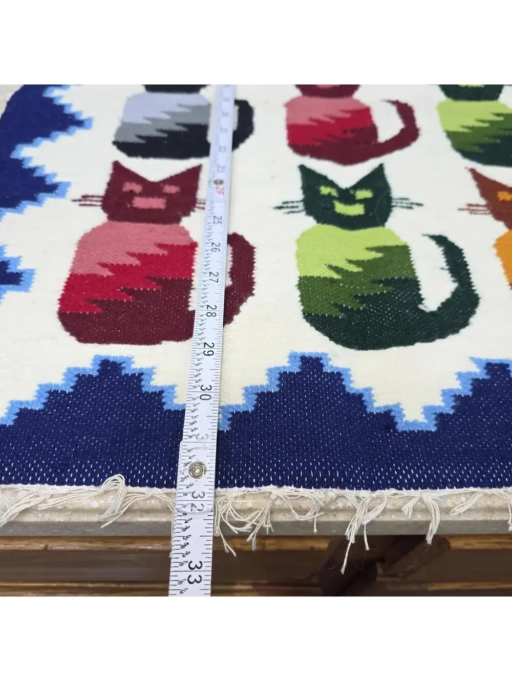 Handwoven Wool Rug with Colorful Cat Motif